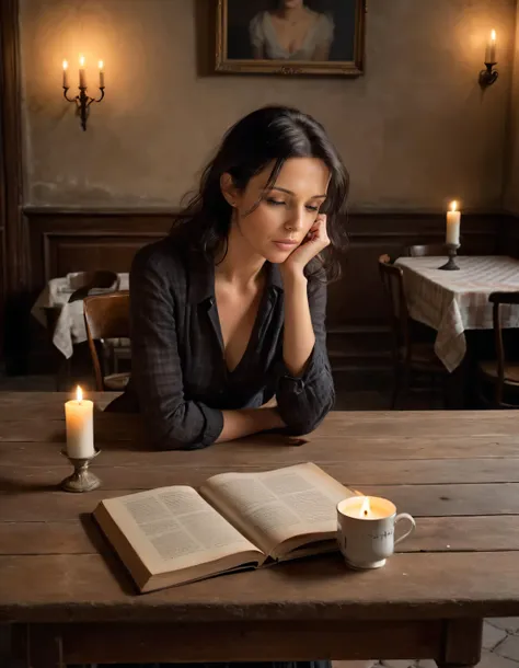 In the dimly lit Parisian café, a solitary Sara sits, her raven-haired head bowed bent over an antique wooden table, her deep brown eyes staring into distance lost in thoughts as her delicate fingers trace edge fragile porcelain cup, while a single candle flickers behind vintage book stacked precariously next to empty chair casting elongated shadows across worncheckered tablecloth and cobblestone floor against the brown wall. <lora:qlhokt18fc46c5994j4d9:1>