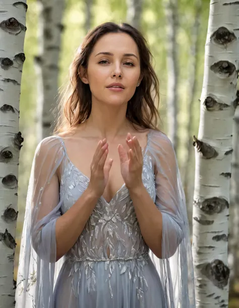 As Sara, a captivating young woman with enchanting brown eyes, gracefully emerges from the ethereal canopy of silver birch trees in a flowing gown that glows under the mystical moonlight, her delicate hands raised towards Luna as if in supplication or surrender. <lora:qlhokt18fc46c5994j4d9:1>