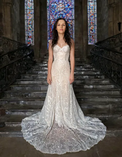 In the heart of a dimly-lit gothic cathedral, Sara, a radiant young woman in an antiquefloor-length wedding gown adorned with intricate lace patterns, stands atop grand spiraling staircase, her long dark hair flowing down back waterfall obsidian waves; her delicate fingers clutch stone banister, her eyes brimming anguished sorrow as gazes ghostly figure lost lover across nave, spectral form illuminated soft glow stained-glass windows casting kaleidoscopic colors desolate chapel while single tear trickles down her porcelain cheek. <lora:qlhokt18fc46c5994j4d9:1>