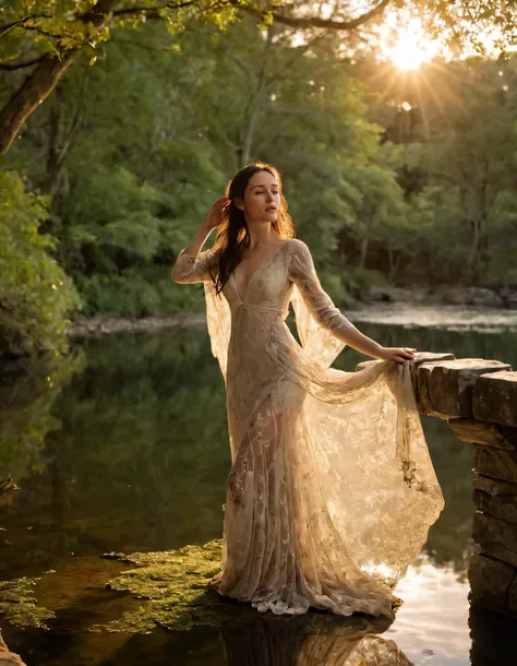 In the tender embrace of the twilight hour, Sara stands on an ancient moss-covered stone bridge overlooking a serene mirror-like lake that stretches out beneath the canopy towering trees with leaves that shimmer like emeralds under the soft warm glow of the setting sun. Her ethereal gown made delicate silk and adorned intricate lace patterns cascades gently around her slender figure as she leans gracefully against weathered stone, one hand reaching out to touch cool water while other crad camera that hangs worn leather strapart of. The gentle breeze caresses her long flowing hair, catching it the golden light making look cascascade liquid gold, as she gazes wistfully into distance, her lips parted slightly reveal hint red lipstick color her otherwise pallion. The camera captures scene soft focus, bringing warm tones and creating atmosphere of longing and nostalgia, as if time momentarily pauses its relentless march, allowing this moment to be forever etched memory. <lora:qlhokt18fc46c5994j4d9:1>