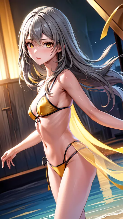 Photorealistic:1.5, Beautiful woman, extremely long hair, white yellow hair, (amber color eyes:1.5), (masterpiece:1.3), (best quality:1.3), high-resolution, Head-on angle, Body facing forward, solo, beautiful detailed eyes, mid day, (((best quality, textile shading, ultra detailed))), extremely detailed CG unity 8k wallpaper, Highly Detailed beautiful and aesthetic, high resolution, detailed, dramatic lighting, 1Character, soft, gentle colors, (flat chest:1.5), (white thin camisole:1.5), (ultra Lowrise blue bikini panties:1.5), (navel:1.2), (super long summer cardigan:1.5), (skinny:1.5),