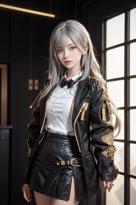 'Trailblazer (Honkai Star Rail), black jacket, white shirt, skirt,(extremely detailed CG unity 8k wallpaper), (best quality), (ultra-detailed), (photorealistic),wallpaper,best quality,extremely detailed eyes and face, beautiful detailed eyes,light on face,nice detailed eyes,18year old,cheek color,Look at the camera,cute,Golden eyes,Silver hair,Golden pupil