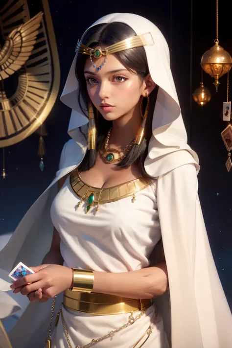 masterpiece, best quality,1girl, Egyptian,dark-skinned female, solo, dark skin, long hair, jewelry, blue eyes, eye of horus, black hair, gem, hood, necklace, upper body, breasts, bracelet, egyptian, armlet, closed mouth, gold, looking away, medium breasts, artist name, dress, looking to the side, hand on own chest, forehead jewel, hand up, white dress, cloak, beads, cape, ring, copyright name, card, collarbone, hood up, chain, very long hair, head tilt, hair tubes, eyelashes, glint, lips