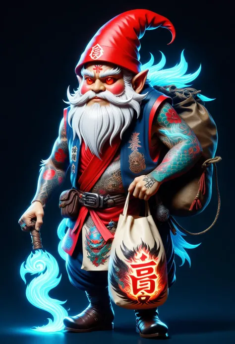 masterpiece, best quality, <lora:EPIrezumiWorldSDXL_epoch_5:1.2>, EPIrezumiWorld, scifi, neon glowing, tattoo, irezumi, aziza, small gnomeish creature, long white beard, red pointed hat, practical rustic clothing, carries a sack of gifts, guardian of household and farmstead, good luck, protection, flammable,unearthly,soaring,goal-driven