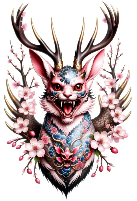 masterpiece, best quality, <lora:EPIrezumiWorldSDXL_epoch_5:1.2>, EPIrezumiWorld, cherry blossoms, tattoo, irezumi, wolpertinger, mythical mammalian creature, hybrid creature, wings, antlers, fangs, feathers, rabbit ears, small furry body, humorous, imaginative, curiosity, whimsical, fictional