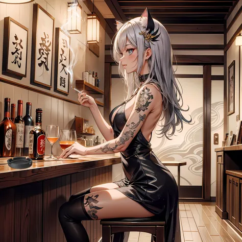 1girl, (side view:1.5), Style-DA
BREAK
sitting, (looking back at viewer:1.1), (holding cigarette:1.2)
BREAK
<lora:revealing_dress_v0.1:1>, collar, Egyptian dress, black dress
BREAK
neko cat girl, cat ears
BREAK
long silver hair
BREAK
indoors, alcohol, bar \(place\), counter, table, stool, 8k, unreal engine, volumetric lighting
BREAK
EPIrezumiWorld, <lora:EPIrezumiWorld:1>, Irezumi, tattoo