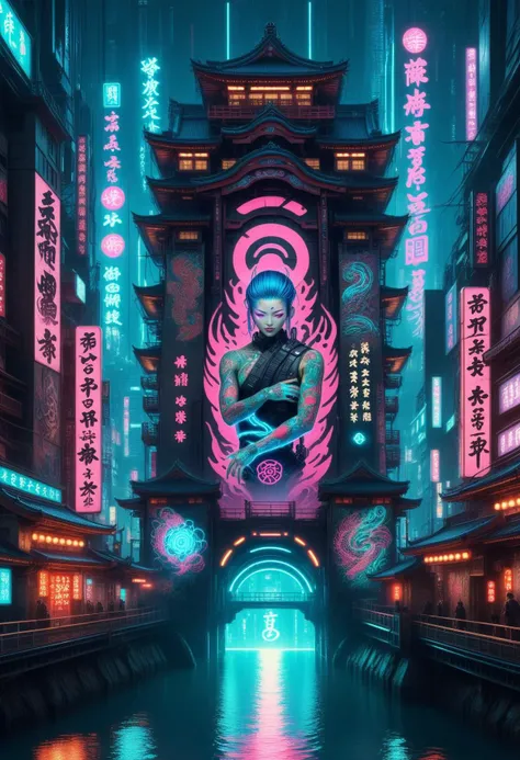 masterpiece, best quality, <lora:EPIrezumiWorldSDXL_epoch_5:1.0> ,EPIrezumiWorld, cyberpunk, scifi, neon glowing, tattoo, irezumi, Underground city with rivers supplying essential minerals to citizens.