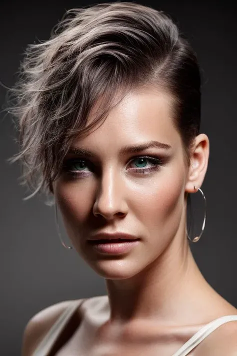 evgl, full color portrait of woman, (undercut hair:1.0),
masterpiece, best quality, sharp focus, 8k highres, ultra-detailed, rim light, (grey background:1.0),
 <lora:CR-EvangelineLilly-frankyfrank2k:1>