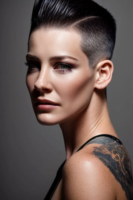 evgl, full color portrait of woman, (slick undercut hair:1.0),
masterpiece, best quality, sharp focus, 8k highres, ultra-detailed, rim light, (grey background:1.0),
<lora:CR-EvangelineLilly-frankyfrank2k:1>