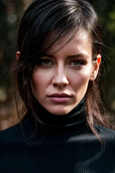 A stunning intricate full color portrait of evgl, wearing a black turtleneck, epic character composition, by ilya kuvshinov, alessio albi, nina masic, sharp focus, natural lighting, subsurface scattering, f2, 35mm, <lyco:EvangelineL-RealVision-V1.0:1.0>
