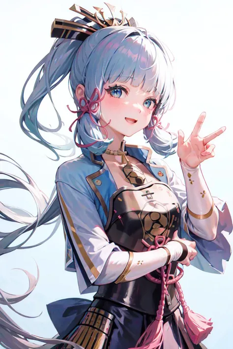 masterpiece, highres, best quality, 1girl solo, kamisato_ayaka, white background, upper body, smiling, peace sign <lora:kamisatoAyakaGenshin_kamisatoAyaka:1.2>