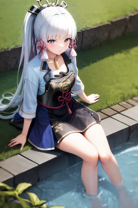 masterpiece, highres, best quality, 1girl solo, kamisato_ayaka, sitting, from above, wading, pool <lora:kamisato_ayaka:1.0>