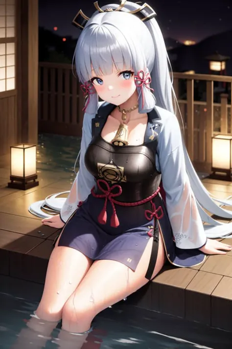 masterpiece, highres, best quality, 1girl solo, kamisato_ayaka, sitting, from above, looking at viewer, light smile, wading, wet hair, night, poolside, japanese onsen <lora:kamisato_ayaka:1.0>