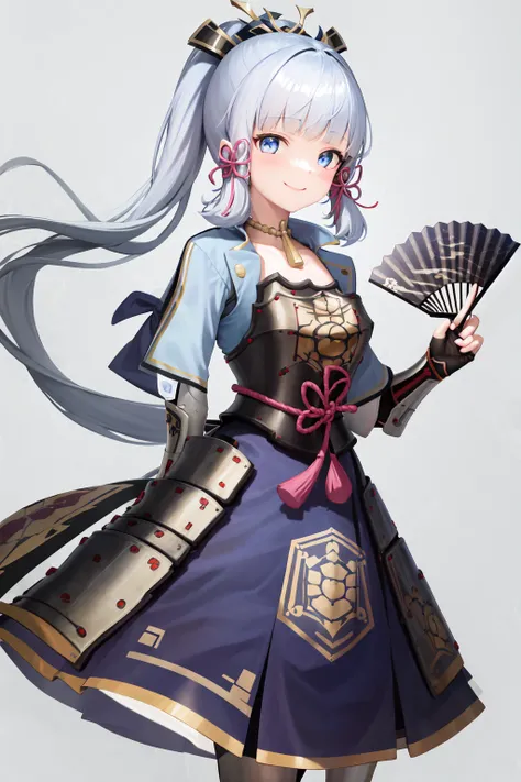 masterpiece, highres, best quality, 1girl solo, kamisato_ayaka, smile <lora:kamisato_ayaka:1.2>
arm guards, armored dress, breastplate, japanese armor, hand fan, fingerless gloves
