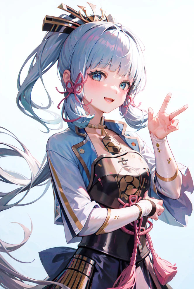 masterpiece, highres, best quality, 1girl solo, kamisato_ayaka, white background, upper body, smiling, peace sign <lora:kamisatoAyakaGenshin_kamisatoAyaka:1.2>