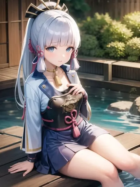 highres, best quality, 1girl solo, kamisato_ayaka, sitting, from above, looking at viewer, light smile, wading, wet hair, night, poolside, japanese onsen <lora:kamisatoAyakaGenshin_kamisatoAyaka:1.2>, masterpiece, best quality, wallpaper