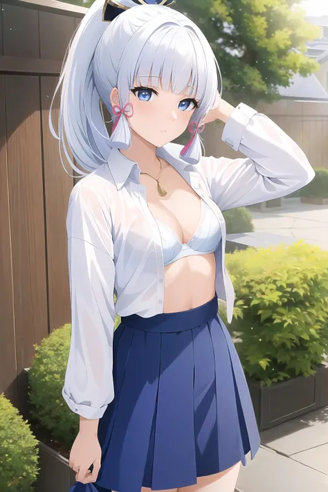 masterpiece, (best qulaity:1.3), 8K, wallpaper, (1girl, (kamisato ayaka \(genshin impact)\), (blue eyes), (white hair:1.3), ponytail, blunt bangs, ((unbuttoned shirt, open shirt)), wet, (white bra:1.3), embarassed, closed mouth, (rain), outdoors, blush, garden, ((small breasts)), navel, pleated skirt, looking at viewer)