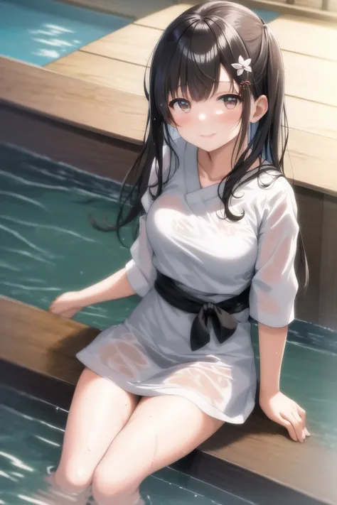 masterpiece, highres, best quality, 1girl solo, kamisato_ayaka, sitting, from above, looking at viewer, light smile, wading, wet hair, night, poolside, japanese onsen <lora:kamisato_ayaka:1.2>