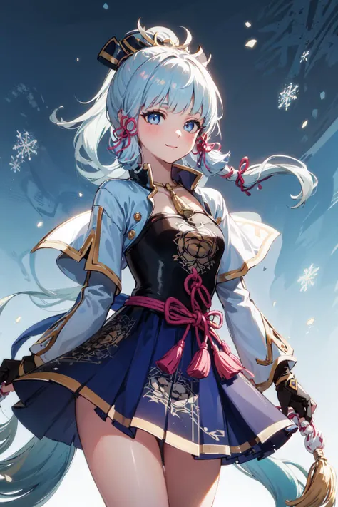 (((masterpiece))), 4k res, highly detailed, (((extremely detailed eyes))), detailed background, cinematic lighting, crystal clear eyes, high quality, highres, ultra-detailed, 8k, best quality, 1girl, solo, shadow, backlighting, light particles, Thick Eyelashes, Wide Sleeve, thick thighs, (masterpiece:1.3), (the best quality:1.2), (super fine illustrations:1.2), (Masterpiece), high quality, high detail,(SOLO:1.4),((round image)), whole body, 1girl, kamisato ayaka, smile, blush, closed mouth, cryokinesis, black gloves, thick, village, snow, medium breasts,