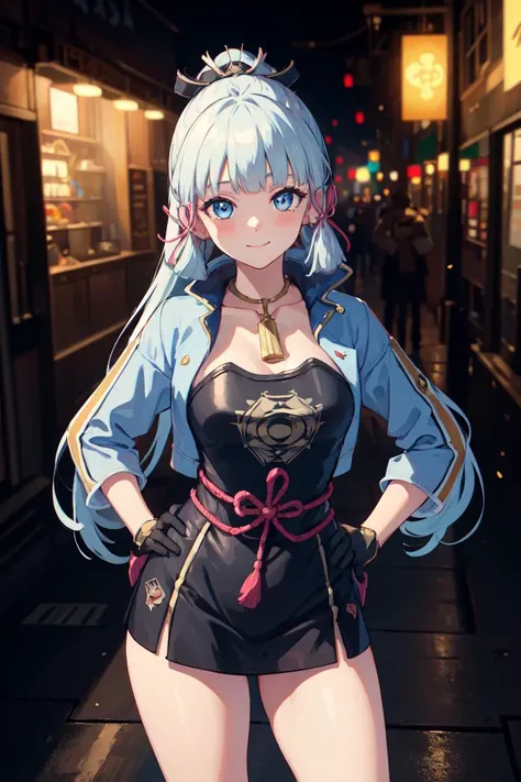 (((masterpiece))), 4k res, highly detailed, (((extremely detailed eyes))), detailed background, cinematic lighting, crystal clear eyes, high quality, highres, ultra-detailed, 8k, best quality, 1girl, solo, shadow, backlighting, light particles, Thick Eyelashes, Wide Sleeve, thick thighs, (masterpiece:1.3), (the best quality:1.2), (super fine illustrations:1.2), (Masterpiece), high quality, high detail,(SOLO:1.4),((round image)),[(cyberpunk:1):5], cyberpunk, whole body, 1girl, kamisato ayaka, smile, blush, closed mouth, cryokinesis, black gloves, thick, arms behind back, hands on hips, hands on own chest,
 <lora:kamisato_ayaka:1>