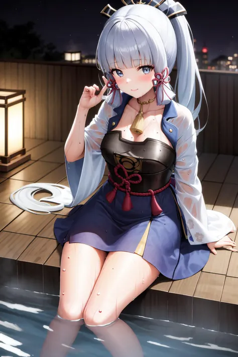 masterpiece, highres, best quality, 1girl solo, kamisato_ayaka, sitting, from above, looking at viewer, light smile, wading, wet hair, night, poolside, japanese onsen <lora:kamisato_ayaka:1.0>