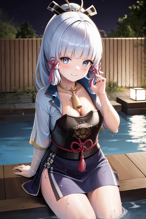 masterpiece, highres, best quality, 1girl solo, kamisato_ayaka, sitting, from above, looking at viewer, light smile, wading, wet hair, night, poolside, japanese onsen <lora:kamisato_ayaka:1.0>