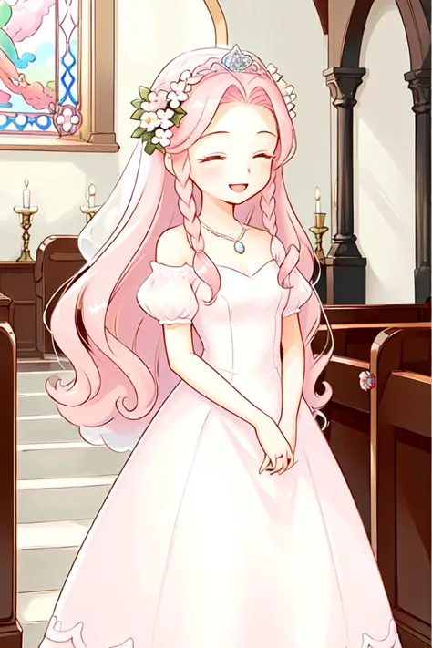 1 girl, indoors, church, smile,
 <lora:Harvest_Moon_Hero_of_Leaf_Valley_-_Lyla:0.5> holvlyla, pink hair, long hair, wavy hair, braid, sidelocks, hair flower, closed eyes,
necklace, tiara, pink dress, wedding dress, long dress, sleeveless dress, bare shoulders,