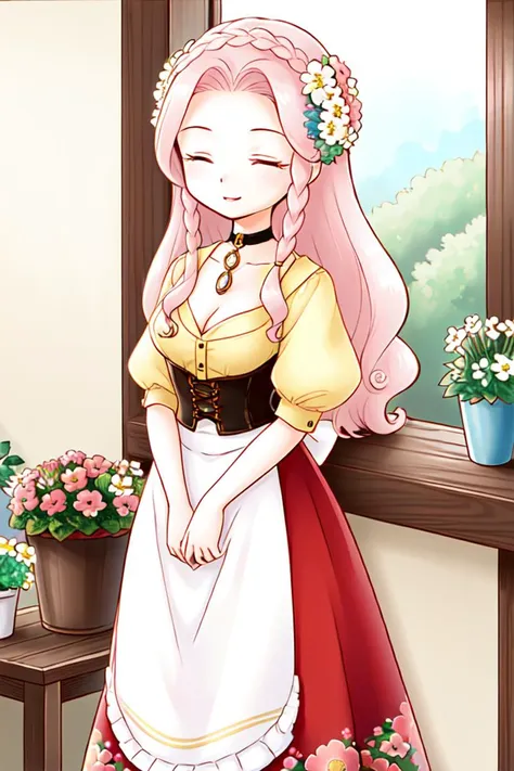 1 girl, indoors, ((flowers)), potted plants, standing,
 <lora:Harvest_Moon_Hero_of_Leaf_Valley_-_Lyla:0.5> holvlyla, pink hair, long hair, wavy hair, braid, sidelocks, hair flower, closed eyes,
choker, pendant, yellow blouse, cleavage, puffy sleeves, short sleeves, corset, apron, red skirt, long skirt, floral pattern,