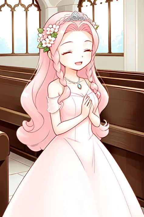 1 girl, indoors, church, smile,
 <lora:Harvest_Moon_Hero_of_Leaf_Valley_-_Lyla:0.5> holvlyla, pink hair, long hair, wavy hair, braid, sidelocks, hair flower, closed eyes,
necklace, tiara, pink dress, wedding dress, long dress, sleeveless dress, bare shoulders,