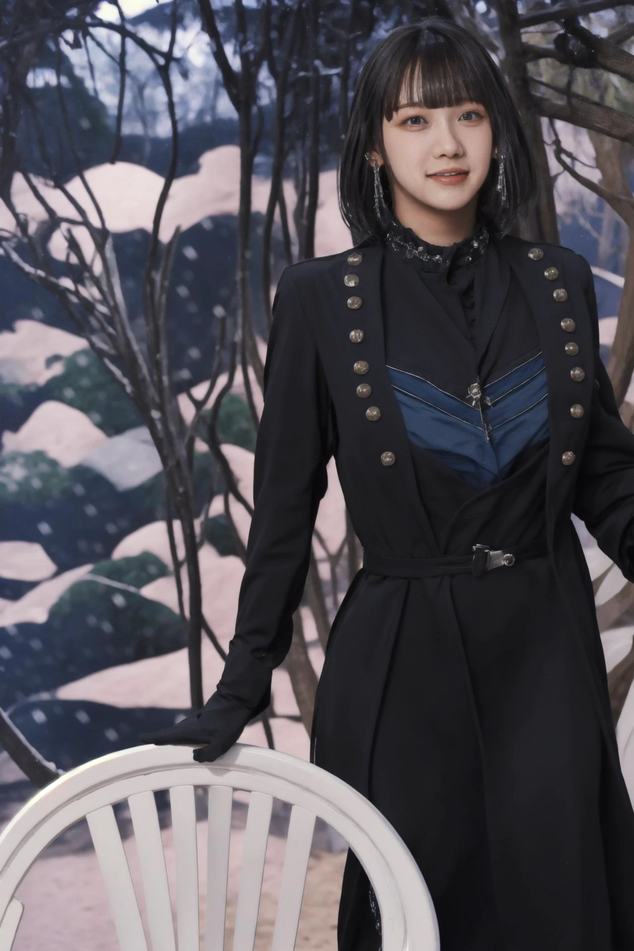 <lora:kusunokitomori_lora>,grin,looking at viewer,teeth,short hair,blunt bangs,round face,black hair,chibi,petite,white_plastic_chair,hair on face,outdoors,(best quality:1.2),(masterpiece:1.6),(photorealistic:1.2),(realistic:1.6),extremely detailed,(8K:1.2),extremely delicate and beautiful,extremely detailed eyes and face,blue,huge filesize,snow,