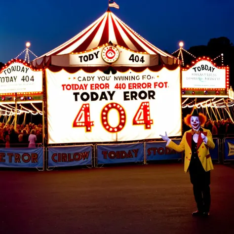 A photo of a ((cute)) clown, pointing to a banner rim with lights, on the banner text  "TODAY SHOW: ERROR 404". In the background you can see the circus tent, in (night) and there are fairground lights <lora:Harrlogos_v1.1:1>  <lora:404-CIvitAI-lora:0.8> <lora:404ra_v4.0.4:0.9>