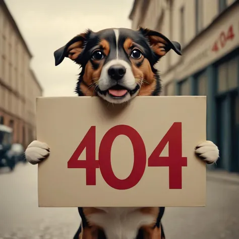 cinematic film still <lora:404-CIvitAI-lora:1> 404, text 404, logo 404, Civitai404, ffusion404, a dog holding a sign that says 404, 40k, 4 0 k, four legged, 4k still, top 4 0, closeup portrait shot, 4 k post, 4k post, 4, 4k, 420, 4 2 0, absolutely outstanding image, a hyper realistic, 43, by Jakob Gauermann,propaganda poster,soviet poster,sovietwave . shallow depth of field, vignette, highly detailed, high budget, bokeh, cinemascope, moody, epic, gorgeous, film grain, grainy