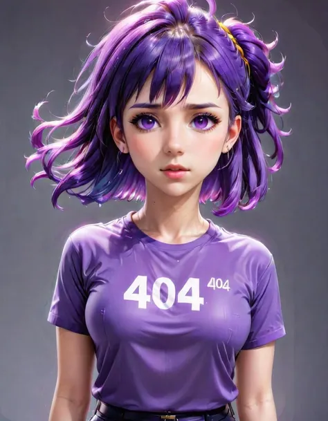 concept art <lora:FF_404_Inspiration:1.2><lora:512HYbridFFF2F.LyCO:1> <lora:15orangeabbyshard:1> 404, text 404, logo 404, Civitai404, ffusion404, a girl with purple hair and a number on her shirt, anime moe artstyle, in an anime style, in the art style of 8 0 s anime, anime visual of a cute girl, flat anime style shading, full body portrait of a short, cel shaded art style, in anime style, 2 d anime style, female protagonist 8, flat anime style . digital artwork, illustrative, painterly, matte painting, highly detailed