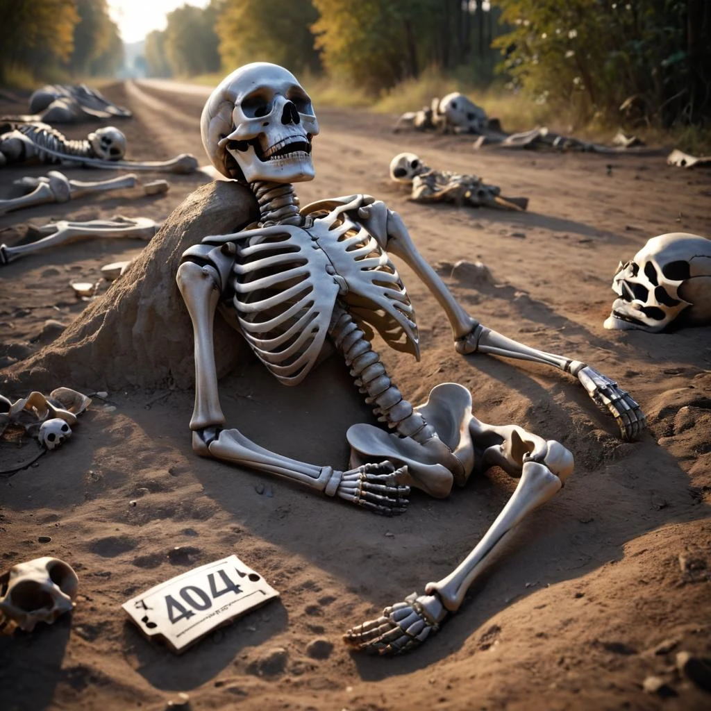 cinematic film still <lora:404FFusionV2:1> 404, text 404, logo 404, Civitai404, ffusion404, a skeleton laying on the ground with the number 4004, scp049, skeleton , nd4, nd 4, a skeleton winning a marathon, asaf hanuka , skeleton corpse, wallpaper 1 0 2 4, they sit next to a pile of bones, profile picture 1024px . shallow depth of field, vignette, highly detailed, high budget, bokeh, cinemascope, moody, epic, gorgeous, film grain, grainy