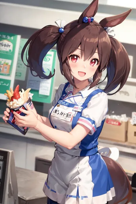 masterpiece, best quality,
hishi akebono \(umamusume\),
 employee uniform, food, open mouth, blush, name tag, shop, convenience store, hair ribbon, smile, indoors, hair bobbles
<lyco:hishi_akebono_loha:0.7>