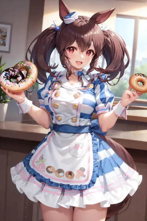 masterpiece, best quality,
hishi akebono \(umamusume\),
full body, standing,
open mouth, smile,
holding food, doughnut,
hair ribbon, hair bobbles, mini hat, white chocker, striped dress, blue dress, white apron, buttons, badge, wrist cuffs, puffy short sleeves, waist apron, frilled apron, frilled dress, blue ribbon, skirt
<lyco:hishi_akebono_loha:0.7>