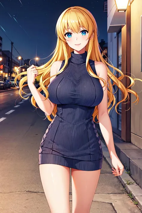masterpiece, best quality, highres, aalisa, solo, long hair, <lora:hijirigaoka_lisa_v1:0.7>, sweater dress, turtleneck, sleeveless, outdoors, street, night, smile,