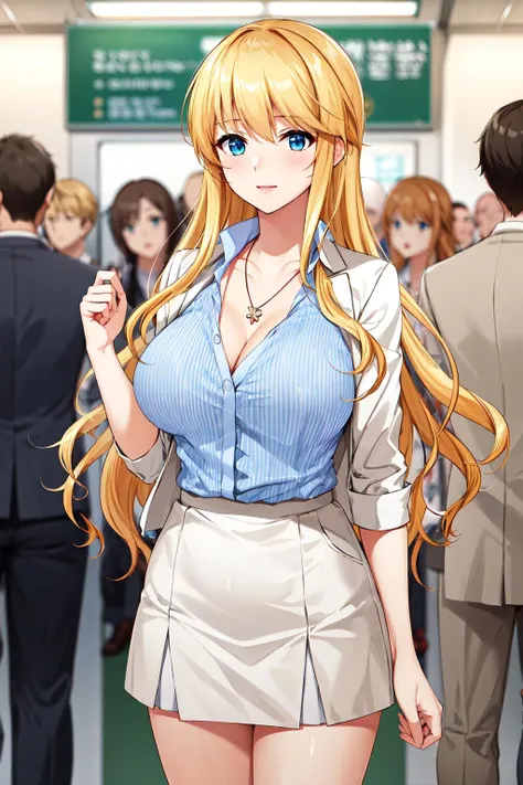 masterpiece, best quality, highres, aalisa, solo, long hair, necklace, cleavage, blue shirt, striped shirt, white jacket, white skirt, <lora:hijirigaoka_lisa_v1:0.7>, standing, cowboy shot, subway,
