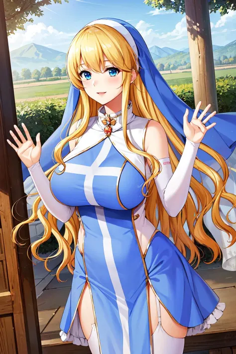 blonde hair, long hair, blue eyes, huge ,,blue dress,side boob,smile, lusty eyes,smug look