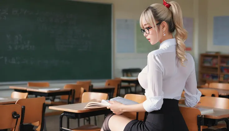 <lora:emotional:0.5>, emotional, raw photo, <sideview|backview>, blonde teacher with cute makeup, age 35, face detailing, (holding textbook: 1.4) , narrow shoulders, black tight superminiskirt 25 cm long with slit on the back, wide hips, in high-heeled shoes, in the crowded classroom, white tight - fitting blouse , stylish glasses in a thin frame, (Thigh high socks :1.5), ponytail, red eyes, red ribbon, skin tight , (side breasts) , shoulder, collarbone, students, desks ,chairs, long earrings, textbooks, blackboard, classroom, graphic eyeliner, rouge, (choker:0.9), realistic skin texture, cinematic light,, very thin waist, <lora:SDXL_MassiveCowsLoRA_v1:0.1> breasts, cleavage, slim body,, (8k, masterpiece, best quality, ultra-detailed), (an extremely delicate and beautiful)kawaii, cute, very big eyes, Aesthetic Anime Eyes, small face, large breasts, cinematic lighting, , Intricate, High Detail, Sharp focus, dramatic, masterpiece, best quality, ultra-detailed,