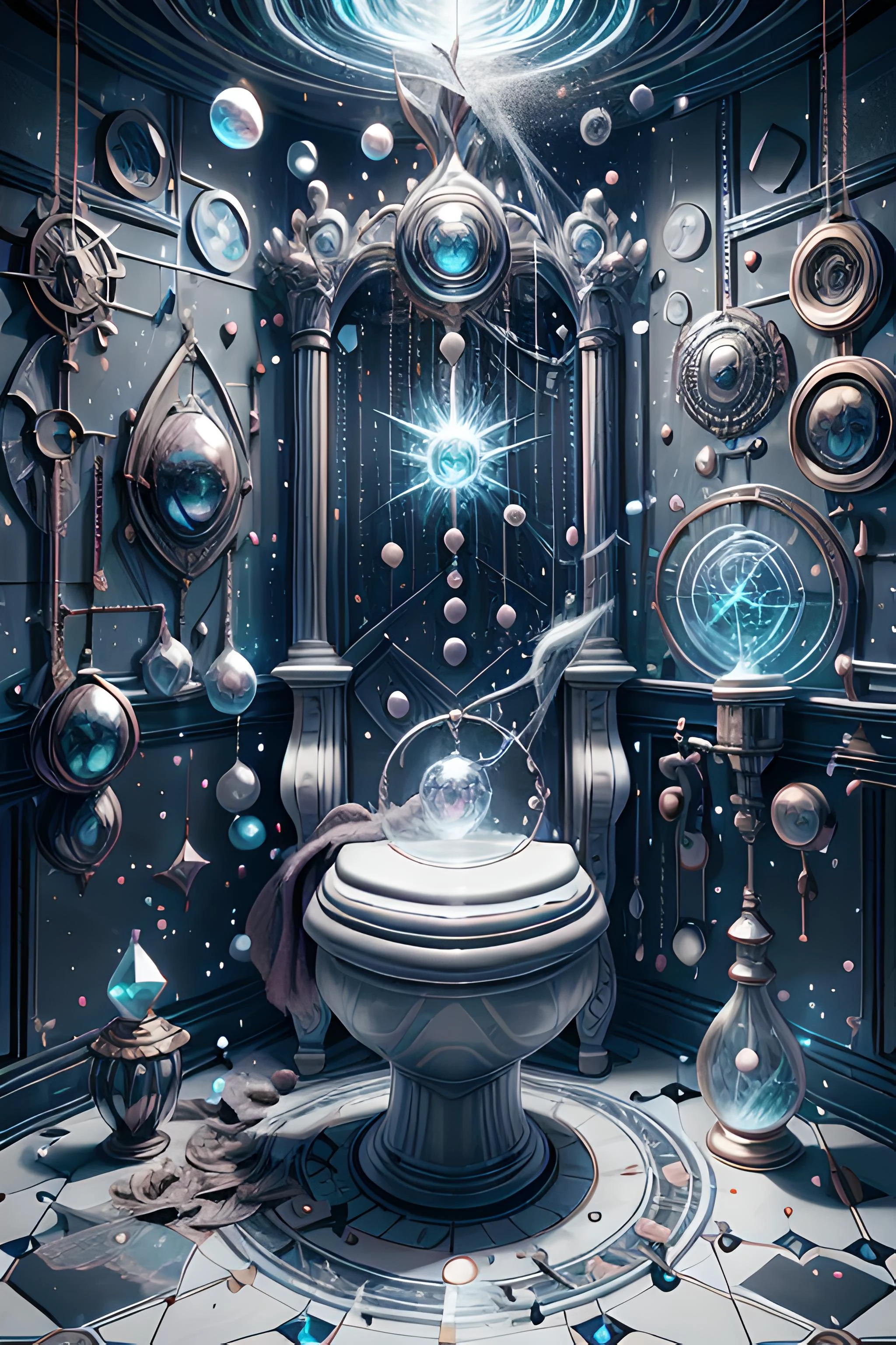 Toilet, Bathroom, no humans, <lora:WizardCoreAISD15p:0.55> wizardcoreai, <lora:CreationMagic-21:0.4> creationmagic , ethereal creation, fragmented construct, particles stream, <lora:add_detail:0.8>