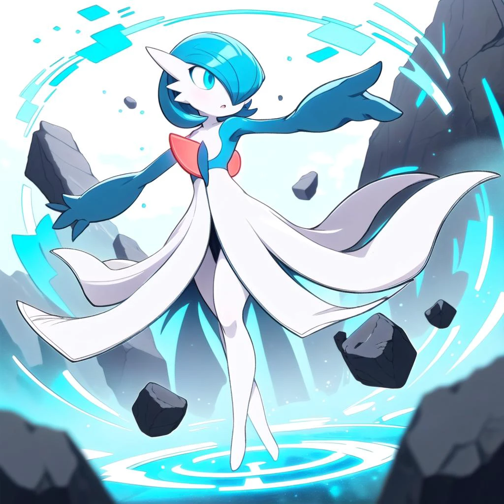 <lora:CreationMagic-21:0.8> creationmagic , ethereal creation, fragmented construct, particles stream,
best quality, (Masterpiece) , full body, simple background , dynamic pose, <lora:gardevoir_V2:1>, (blue hair), blue skin , hair over one eye, multicolored skin, pokemon \(creature\), blue eyes, short hair, two-tone skin, white skin , cloudy sky, wide shot, glowing eyes, floating object, rocks, gardevoir , long skirt ,