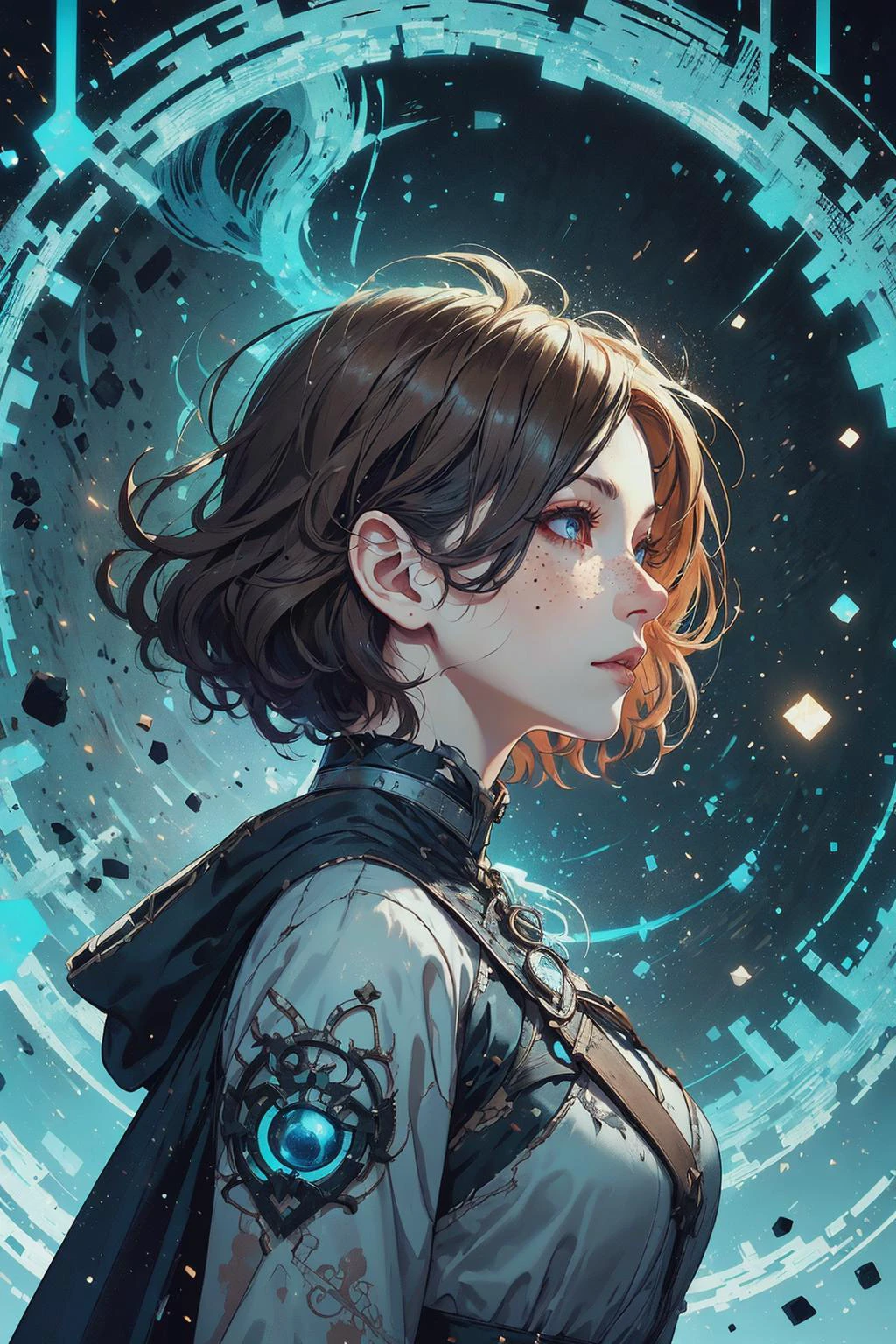 (intricate detail, beautiful:1.2), <lora:smol02:0.4>, <lora:Dreamwave v3:0.5>,
1 girl, adult (elven:0.7) woman, freckles, dark brown eyes, ginger wedge cut hair,
Style-GravityMagic, portrait, solo, from side, side view, half shot, looking up, detailed background, detailed face, (<lora:CreationMagic:0.6>, particles stream, creationmagic theme:1.1), focus on eyes, supernatural eyes, witcher, wearing padded witcher clothes, battle-worn, visible scars, torn cloak trinkets, wolf witcher symbol, witcher senses, port in background, dawn, tense action, fantasy atmosphere,