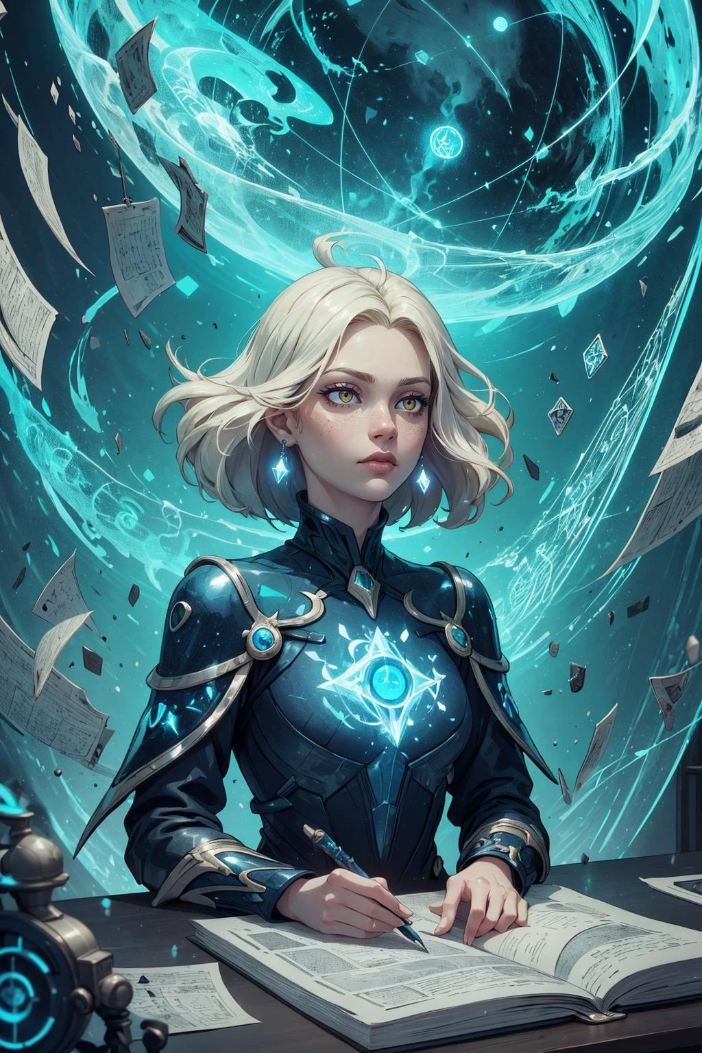 (best quality, masterpiece),
1 girl, adult (elven:0.7) woman, freckles, yellow eyes, platinum blonde medium hair,
Style-GravityMagic, portrait, solo, (full body:0.6), looking away, detailed background, detailed face, intricate details, (<lora:CreationMagic:0.6>, ethereal creation, creationmagic theme:1.1) scribe sitting at desk, researching, surrounded by maps, notes, magic texts, runes, cryptic device, floating magical symbols, knowledge, thought, archive in background, filtered light, mysterious atmosphere,