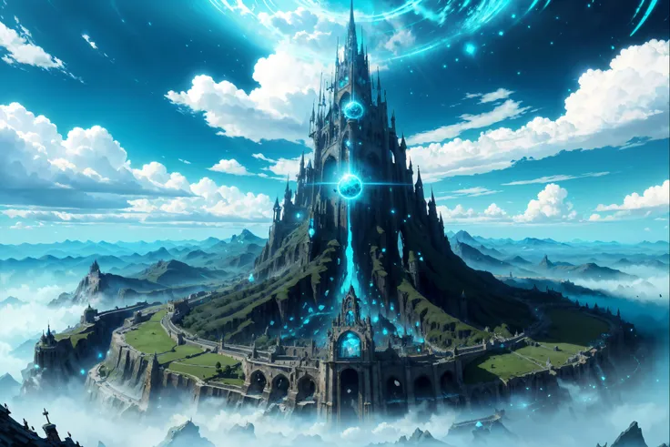 <lora:CreationMagic-21:0.8> creationmagic, (masterpiece, best quality, highly detailed:1.2), (pov, view from tower's feet:1.2), gigantic magical tower surrounded by blue magic, mountains, medieval, splendor, blue sunlight, clouds, shine, bloom,