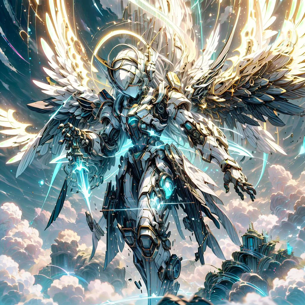 The Heavens of Chaos is a celestial cloudy plane of the metaverse where all things are possible, gods and mortals exist on this plane, great struggles occur. It's a bright plane, as it is part of the Astral plane of existence. Many angels fly through it. <lora:more_details:0.8> <lora:BlessedTech:0.8> blessedtech, blessed, aura <lora:CreationMagic:0.8> creationmagic , ethereal creation, fragmented construct, particles stream <lora:wrenchsmechs:0.8> wrenchsmechs, glowing, <your_color> mecha, halo, mechanical wings, long hair