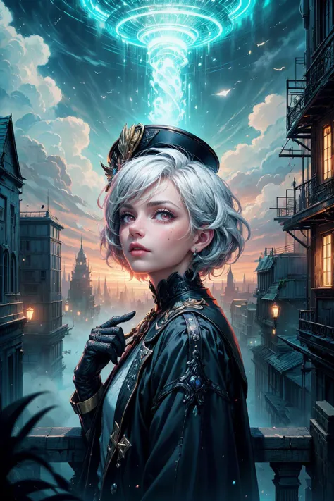 (Masterpiece:1.2), best quality, (illustration:1.2), (ultra-detailed), hyper details, (delicate detailed), (intricate details), clear line, high contrast, colorful, (Photoshop Pastel Painting), (Cinematic masterpiece), <lora:add_detail:1>, <lora:sharpen-soften:-0.25>, <lora:kittew_v0.1:0.3>,
(1man,  old  male:1.2),   pink eyes, white hair, scissor cut, 
Style-GravityMagic, (focus on character:1.1), portrait, solo, upper body, detailed background, detailed face, (<lora:CreationMagic:0.6>,  fragmented construct,  creationmagic theme:1.1), aristocratic pose,  ruling class, elegant clothing, elegant hat, looking up at floating (cloud city:1.1), utopian cloudtop sky-city, floating platforms, floating buildings,  balcony,  bridges,  clouds in background, zeppelin in background,  cinematic atmosphere, glowing red lights, dark moonlit night,
