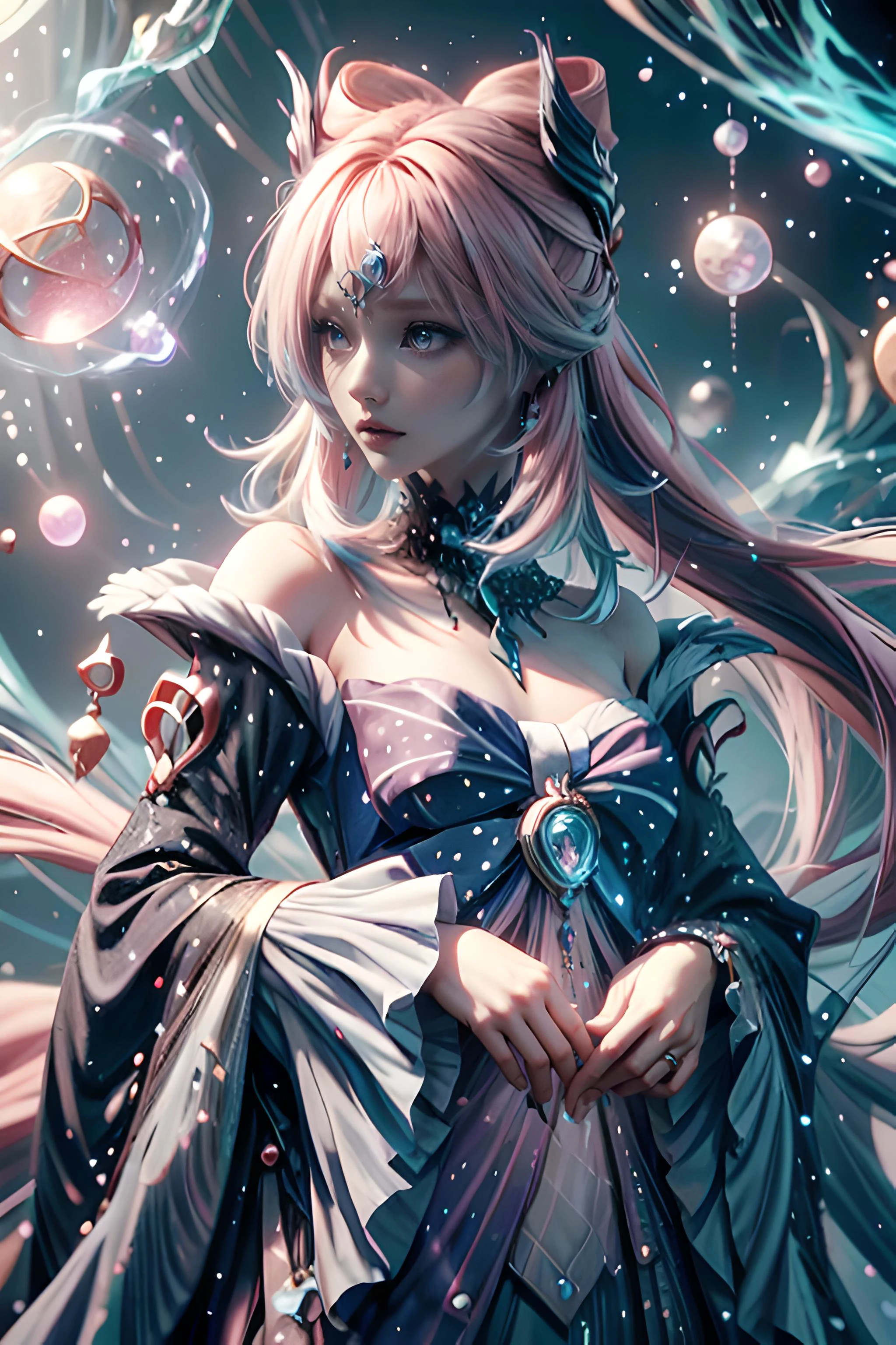 1 girl, closeup, face focus, shoulder portrait:1.5, long pink hair, small breasts, ceremonial dress,<lora:WizardCoreAISD15p:0.55> wizardcoreai, <lora:CreationMagic-21:0.4> creationmagic , ethereal creation, fragmented construct, particles stream, <lora:add_detail:0.8> <lora:sangonomiyakokomi1-000008:0.8> kokomidef:1