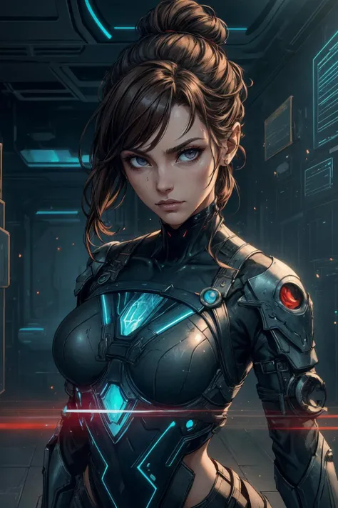 <lora:add_detail:0.5>, <lora:FZB_line_weights:0.4>, <lora:realistic:0.1>, <lora:sharpen-soften:-0.1>,
1 girl, adult (elven:0.7) woman, black eyes, brown bun hair,
portrait, looking at viewer, solo, upper body, detailed background, detailed face, (<lora:CreationMagic:0.6>, particles stream, fragmented construct, creationmagic theme:1.1) evil high-tech futuristic hacker, advanced technology, techwear, wearable device, keycard, (holographic display:1.05), unauthorized, numbers, floorplan, hacker van in background, red lights, stealth, dark sinister atmosphere,