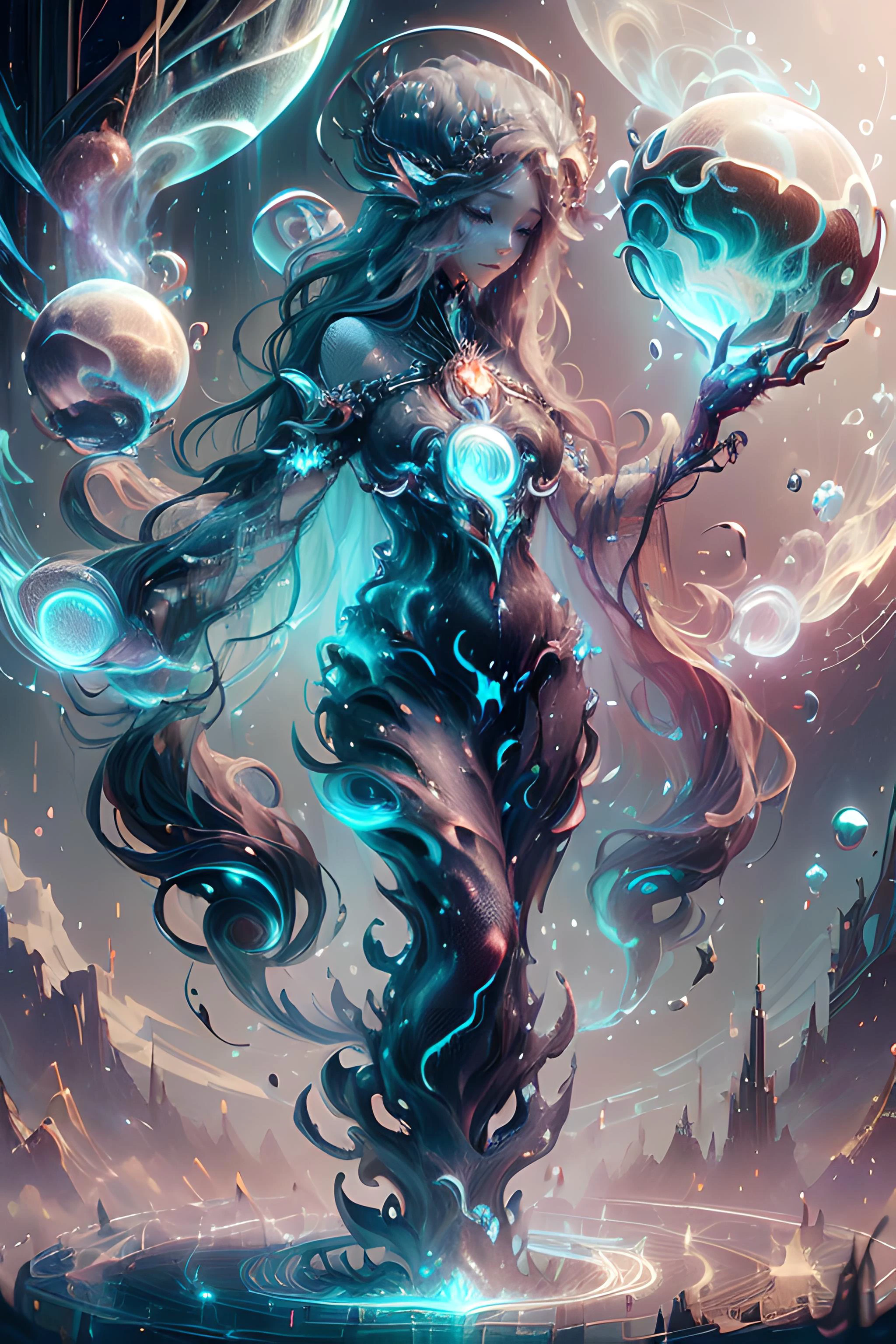 ((1 Girl))) (((Very Long Hair)), ((Benevolent Goddess overlooking a planet)), ( <lora:CreationMagic-21:0.8> creationmagic , ethereal creation, fragmented construct, particles stream <lora:PsionicMagic-20:0.7> psionicmagic , mana flow, shimmers, psychic energy <lora:AbyssalTech-20:0.45> abyssaltech , dark energy, ethereal, dissolving, see-through, abyss